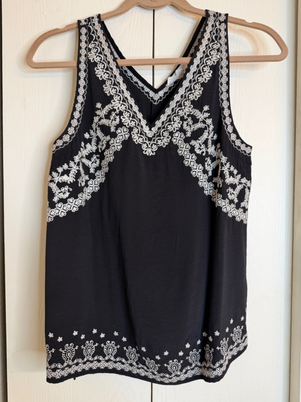 THML Black Tank Top with White Floral Embroidery